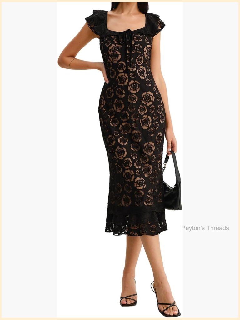 Elegant Midi Formal Dress With Embroidered Floral Lace - Wedding Guest Cocktail